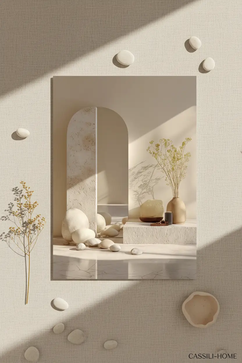 L'Arche et les Galets — Affiche murale minimaliste ivoire architecture, affiche murale minimaliste avec cadre bois, décoration murale salon ou chambre, style méditerranéen