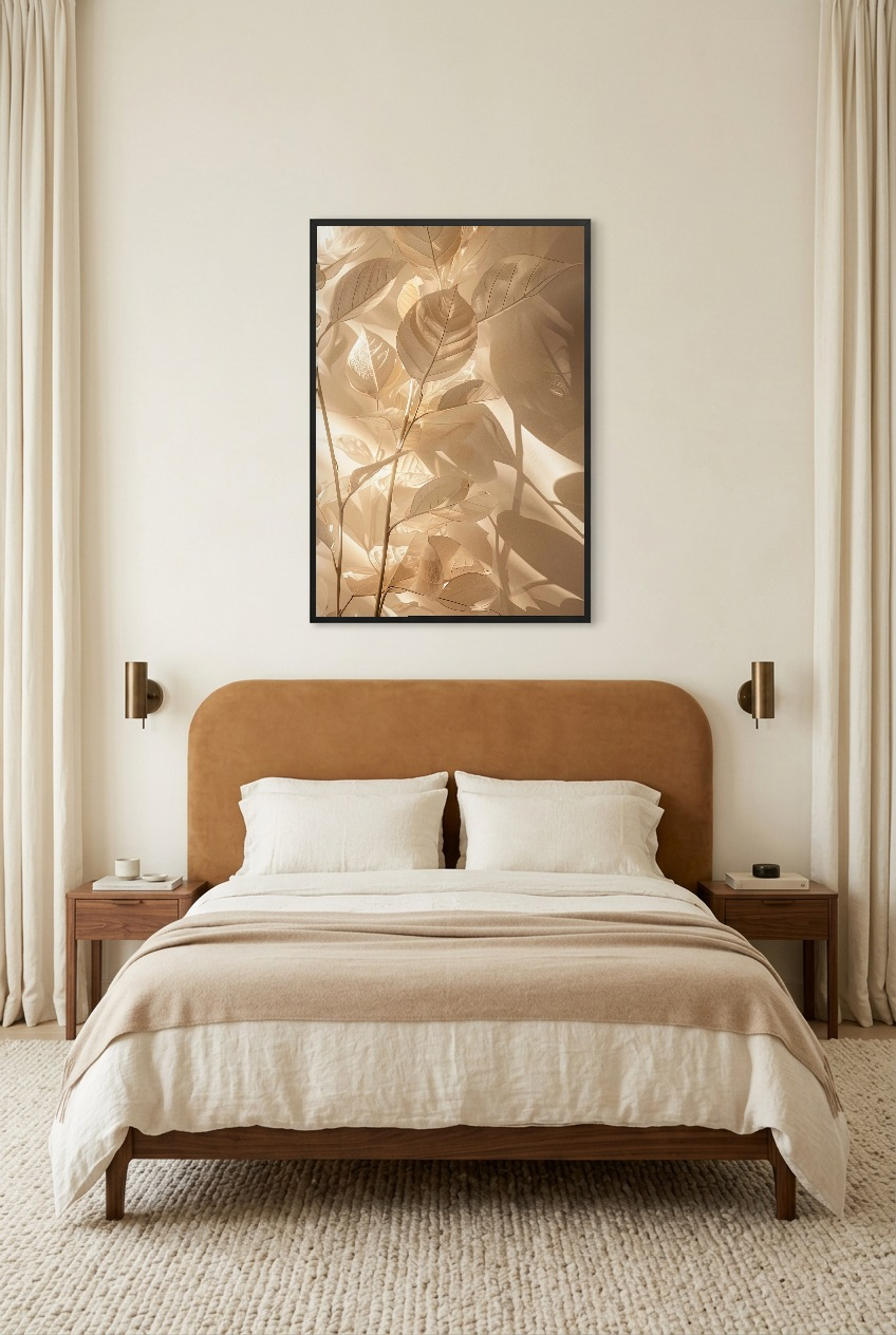 Les Feuilles d'Or — póster con marco negro en un dormitorio