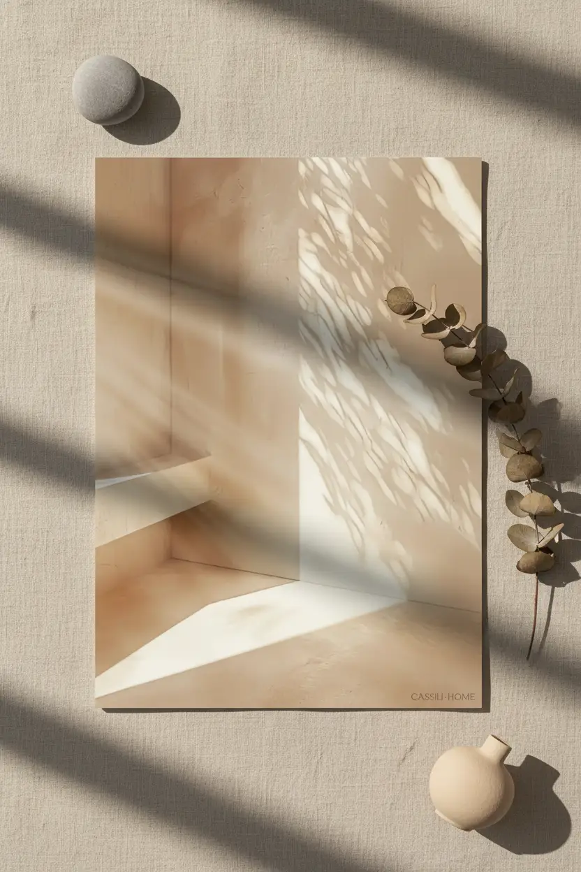 L'Escalier et l'Ombre — Affiche murale minimaliste beige architecture, affiche murale minimaliste avec cadre bois, décoration murale salon ou chambre, style méditerranéen