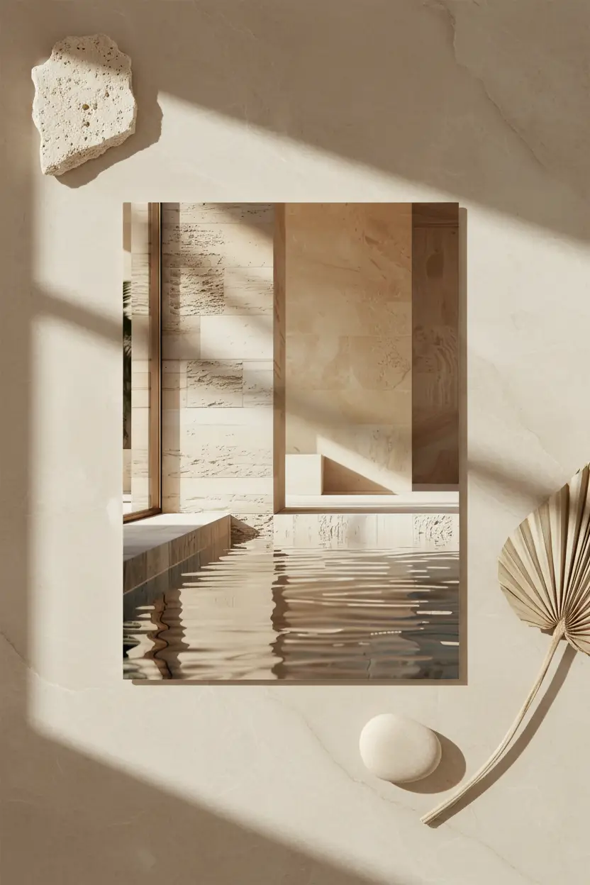 Le Bain de Travertin — Affiche murale minimaliste sable architecture, affiche murale minimaliste avec cadre bois, décoration murale salon ou chambre, style méditerranéen