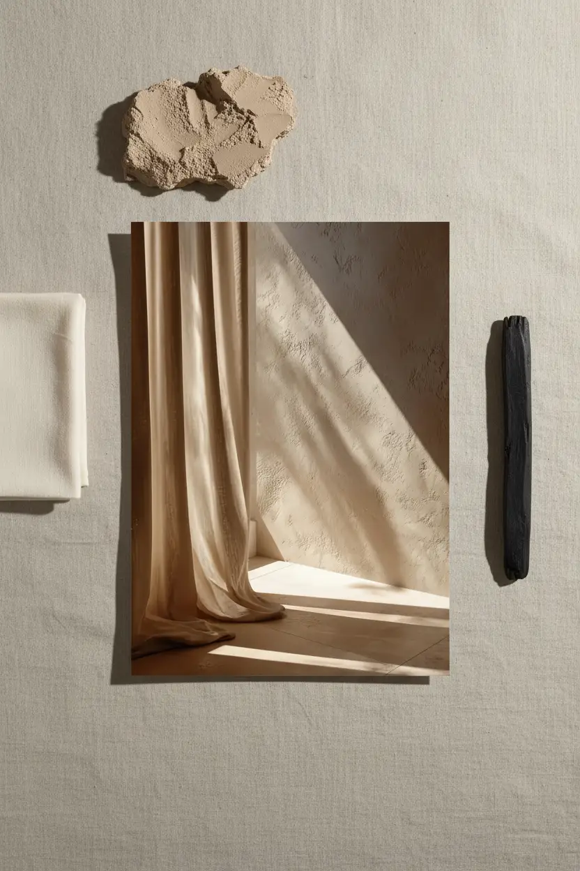 Le Rideau et la Lumière — Affiche murale minimaliste ivoire sable lumière, affiche murale minimaliste avec cadre bois, décoration murale salon ou chambre, style méditerranéen