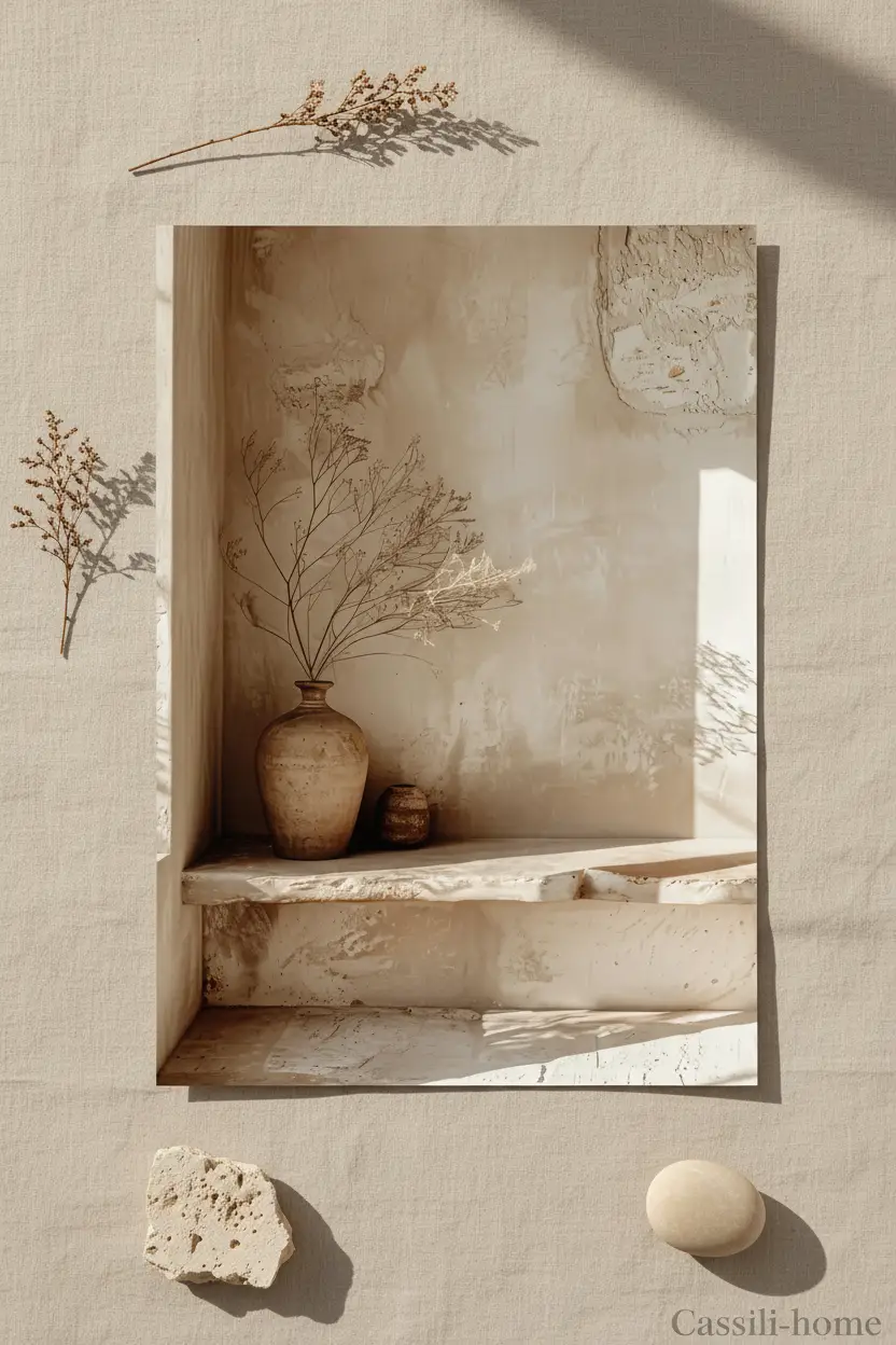 L'Angle aux Branches Séchées — Affiche murale minimaliste sable architecture, affiche murale minimaliste avec cadre bois, décoration murale salon ou chambre, style méditerranéen