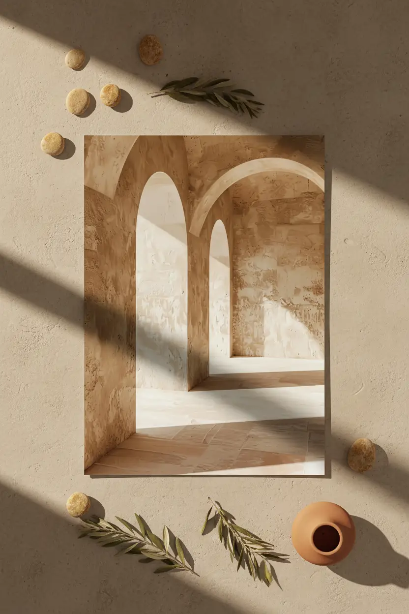 La Salle des Arches — Affiche murale minimaliste ocre architecture, affiche murale minimaliste avec cadre bois, décoration murale salon ou chambre, style méditerranéen