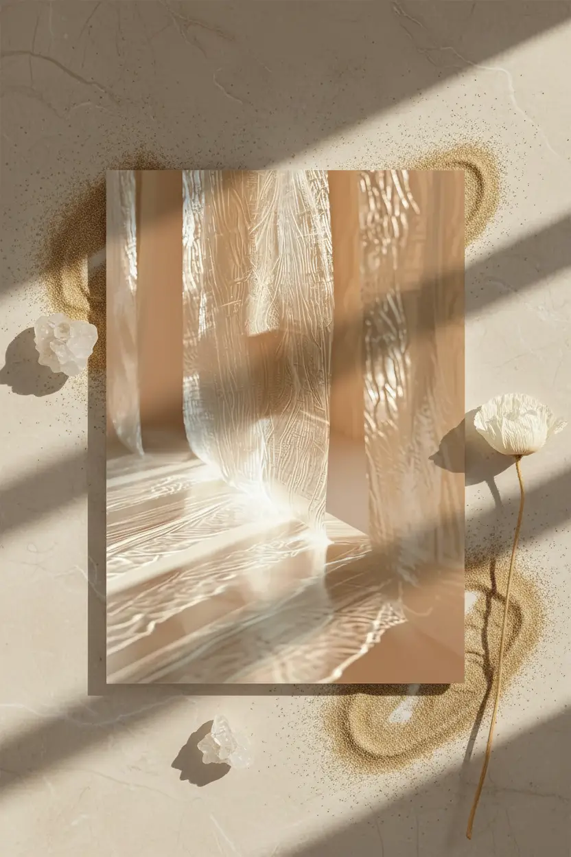 Le Voile de Verre — Affiche murale minimaliste ivoire verre lumière architecture, affiche murale minimaliste avec cadre bois, décoration murale salon ou chambre, style méditerranéen
