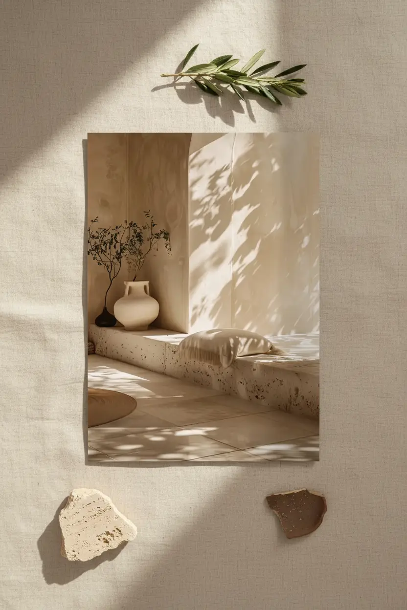 L'Angle à l'Olivier — Affiche murale minimaliste sable végétal, affiche murale minimaliste avec cadre bois, décoration murale salon ou chambre, style méditerranéen