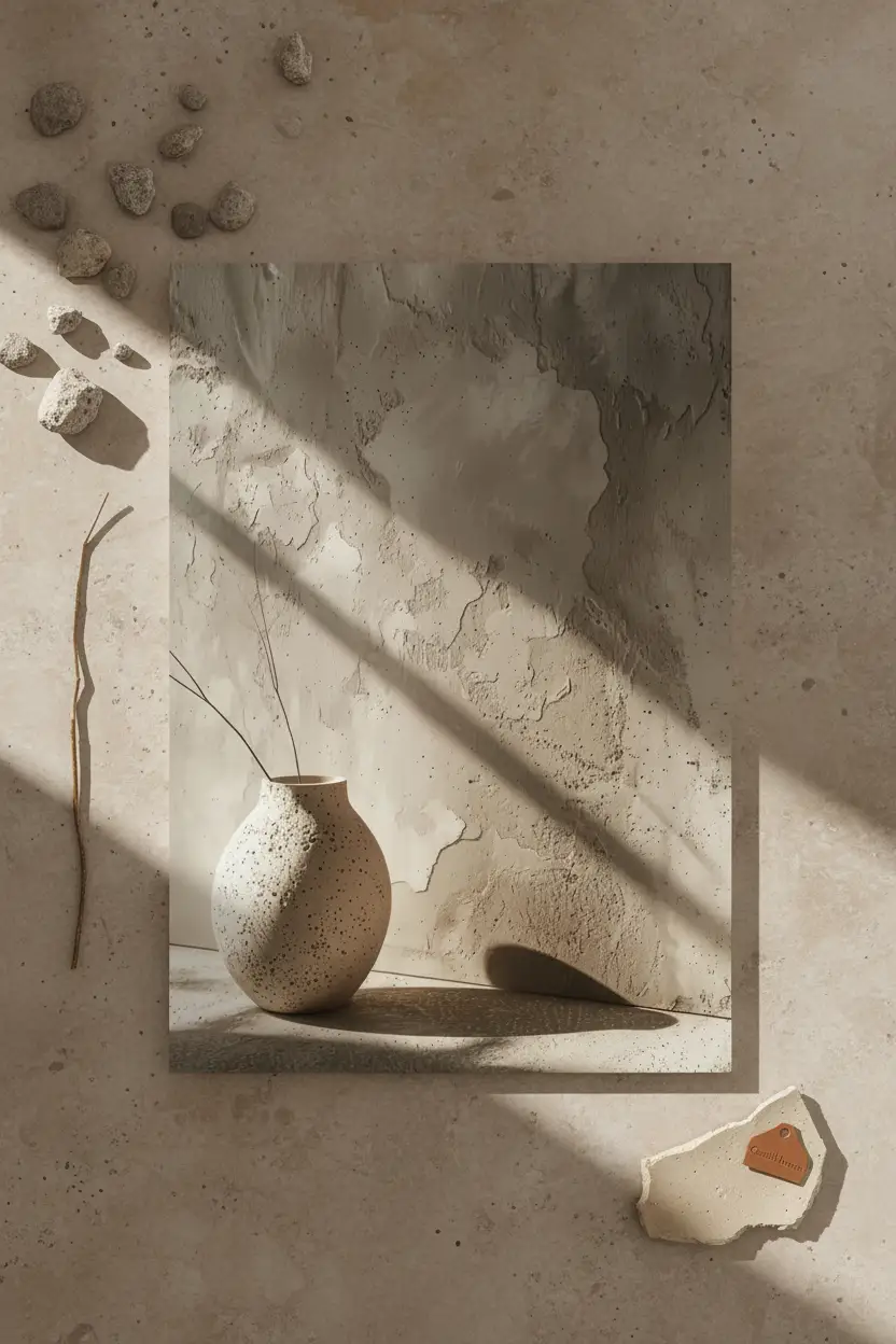 L'Ombre du Vase — Affiche murale minimaliste sable minéral, affiche murale minimaliste avec cadre bois, décoration murale salon ou chambre, style méditerranéen