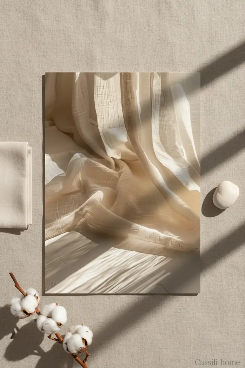 Le Rideau de Lin — Affiche murale minimaliste ivoire texture lumière, affiche murale minimaliste avec cadre bois, décoration murale salon ou chambre, style méditerranéen