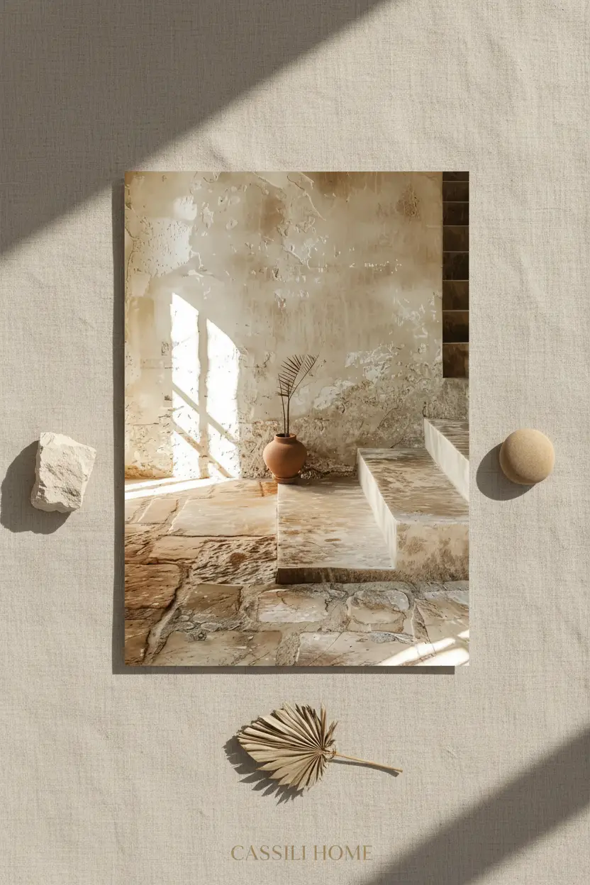 Le Vase sur la Marche — Affiche murale minimaliste sable architecture, affiche murale minimaliste avec cadre bois, décoration murale salon ou chambre, style méditerranéen