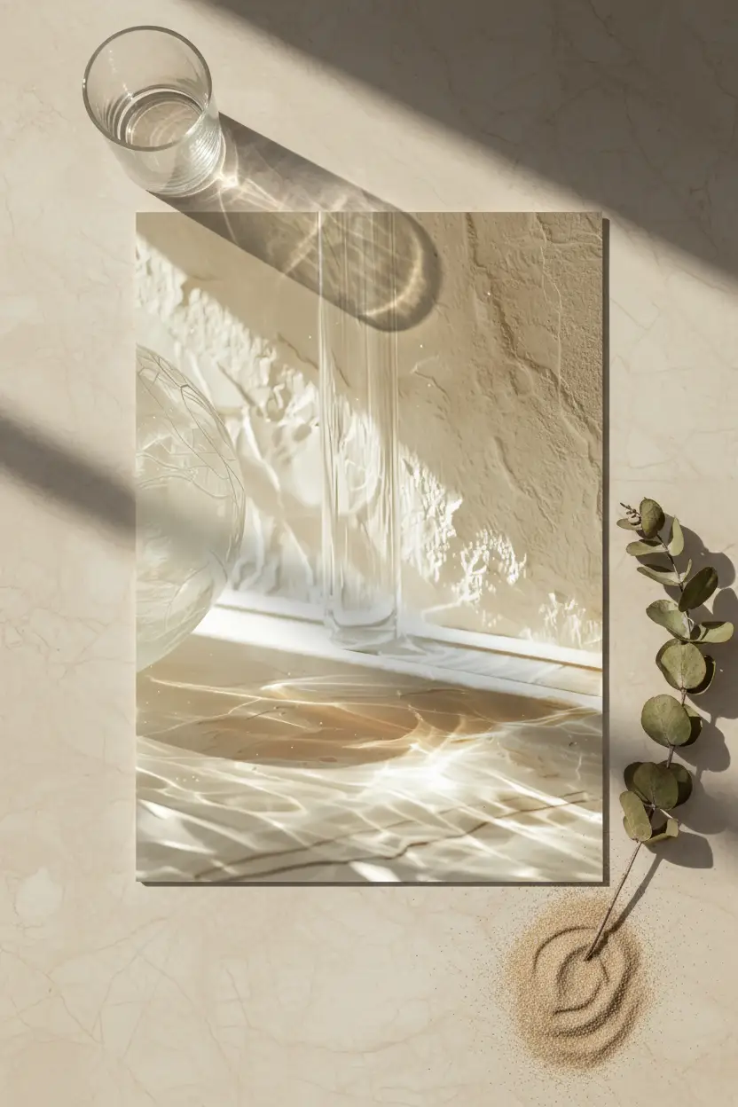L’Eau et le Verre — Affiche murale minimaliste ivoire reflets aquatiques verre, affiche murale minimaliste avec cadre bois, décoration murale salon ou chambre, style méditerranéen