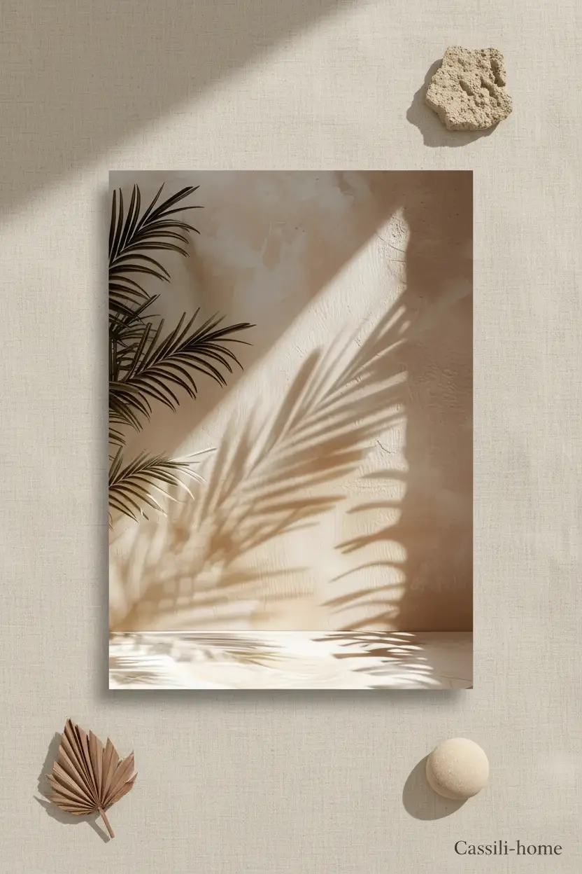 L'Areca et son Ombre — Affiche murale minimaliste sable végétal, affiche murale minimaliste avec cadre bois, décoration murale salon ou chambre, style méditerranéen