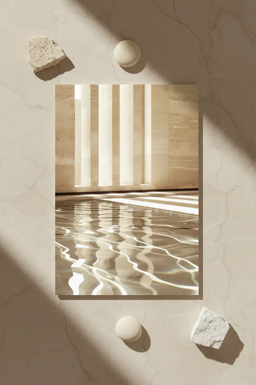Le Temple et l'Eau — Affiche murale minimaliste sable architecture, affiche murale minimaliste avec cadre bois, décoration murale salon ou chambre, style méditerranéen