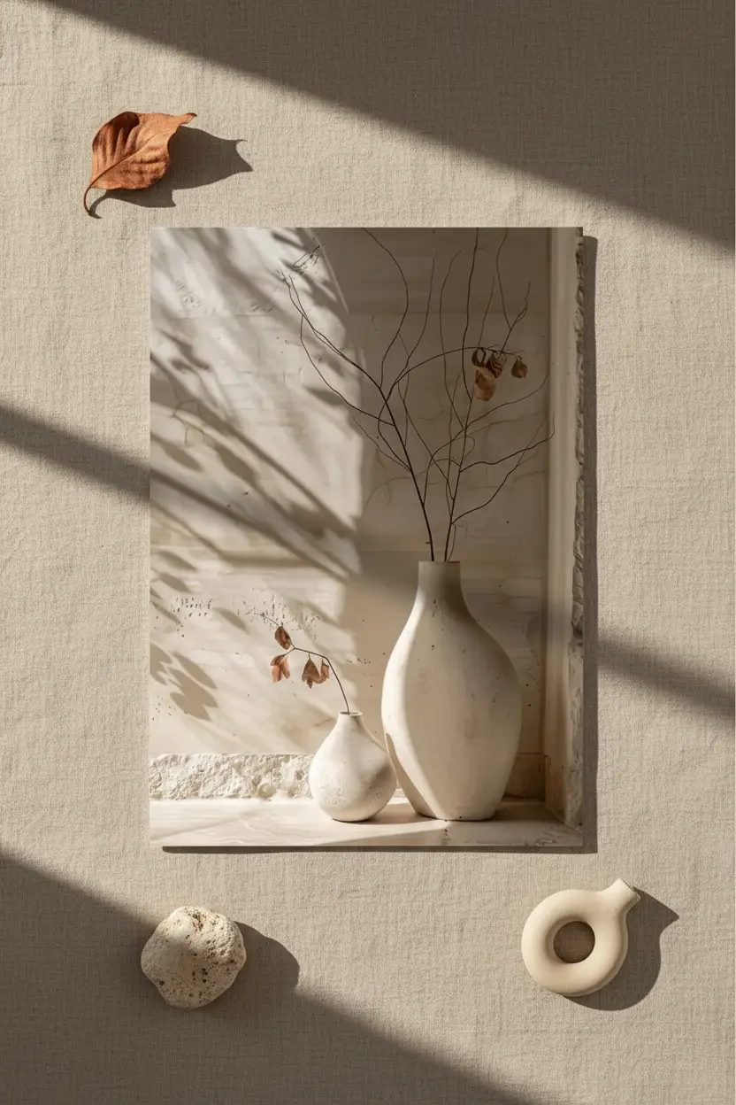 L'Ombre des Branches — Affiche murale minimaliste ivoire minéral, affiche murale minimaliste avec cadre bois, décoration murale salon ou chambre, style méditerranéen