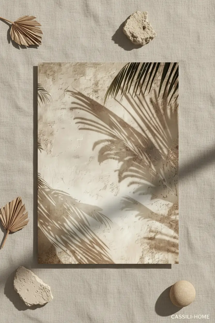 Les Ombres du Patio — Affiche murale minimaliste sable végétal, affiche murale minimaliste avec cadre bois, décoration murale salon ou chambre, style méditerranéen