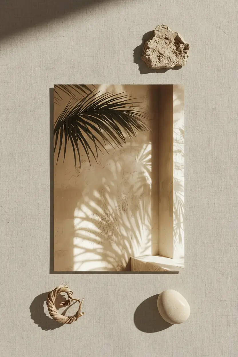 L'Ombre du Palmier — Affiche murale minimaliste sable végétal, affiche murale minimaliste avec cadre bois, décoration murale salon ou chambre, style méditerranéen