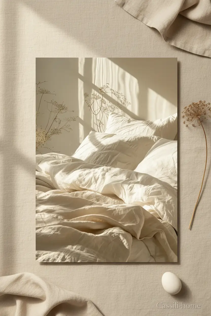 Le Lit du Matin — Affiche murale minimaliste ivoire texture lumière, affiche murale minimaliste avec cadre bois, décoration murale salon ou chambre, style méditerranéen