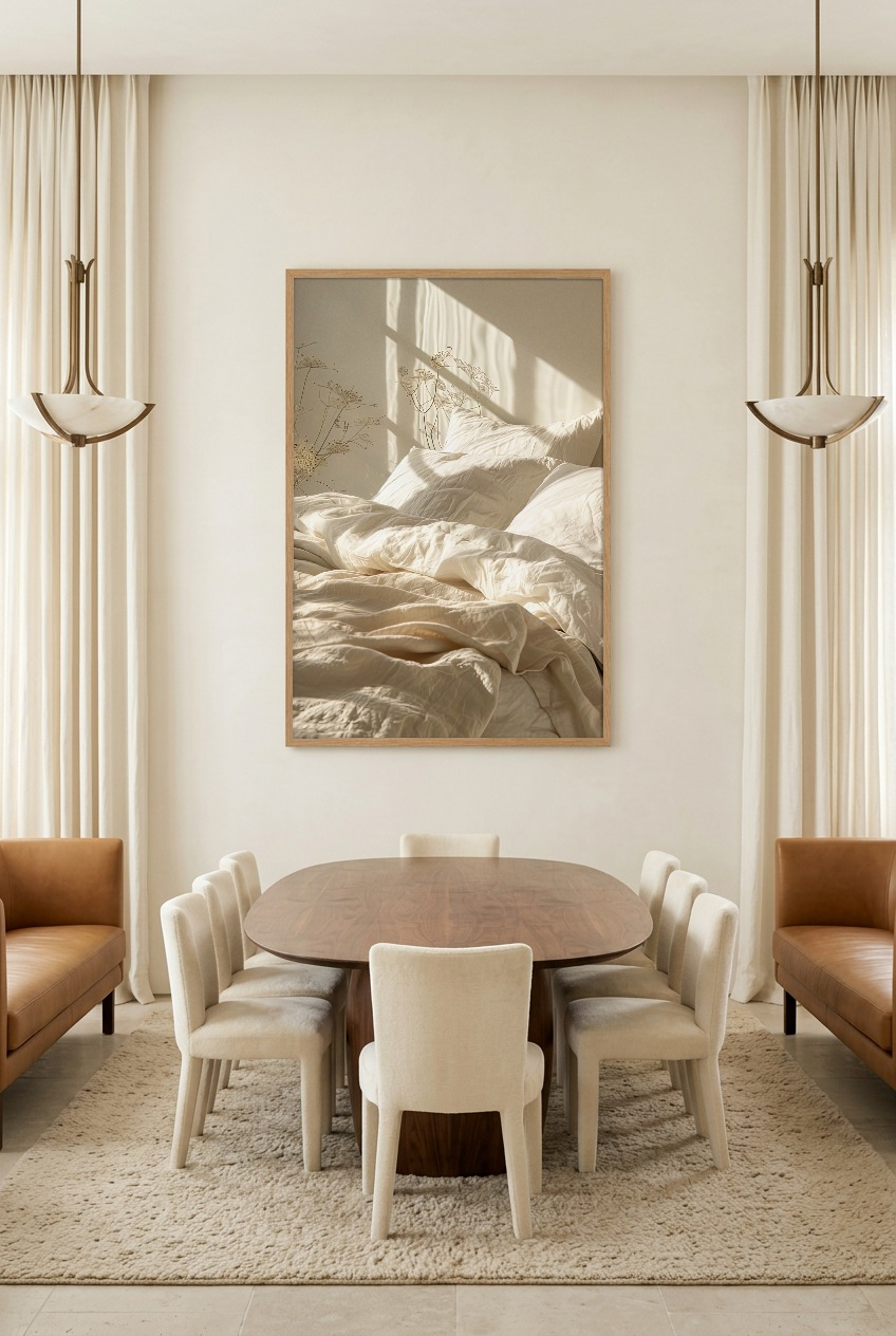 Le Lit du Matin — poster in an oak frame in a dining room