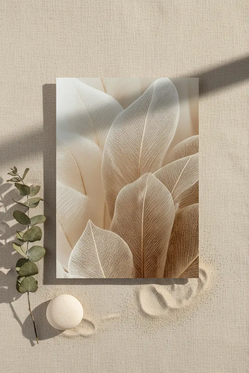 La Dentelle des Feuilles — Affiche murale minimaliste beige végétal translucide, affiche murale minimaliste avec cadre bois, décoration murale salon ou chambre, style méditerranéen
