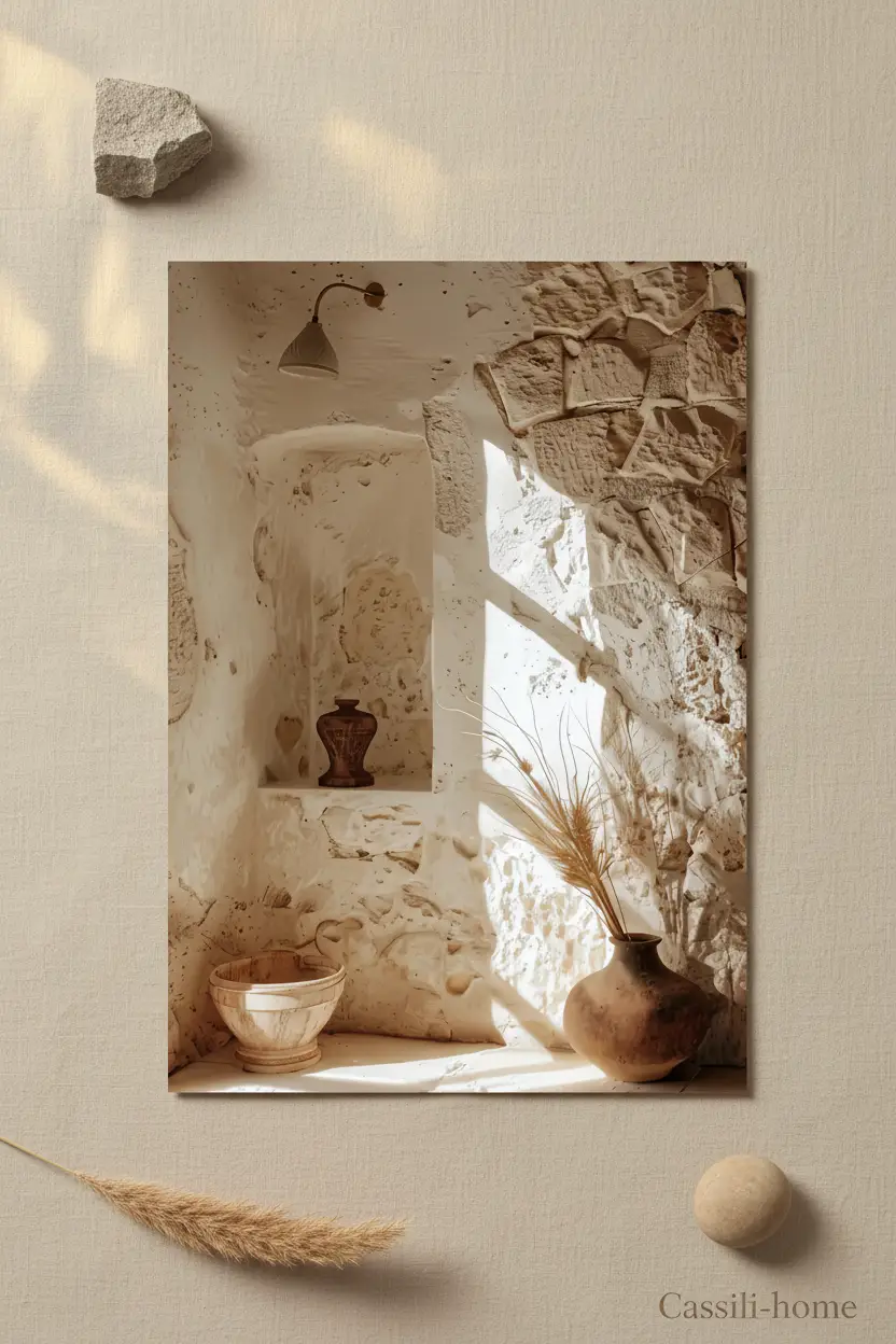 La Maison de Pierre — Affiche murale minimaliste sable architecture, affiche murale minimaliste avec cadre bois, décoration murale salon ou chambre, style méditerranéen