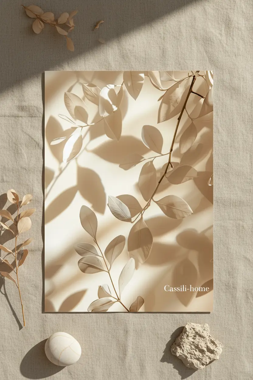 Les Feuilles et leurs Ombres — Affiche murale minimaliste ivoire végétal, affiche murale minimaliste avec cadre bois, décoration murale salon ou chambre, style méditerranéen