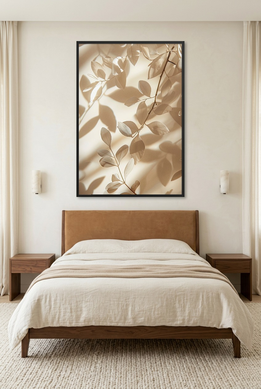 Les Feuilles et leurs Ombres — poster in zwarte lijst in een slaapkamer