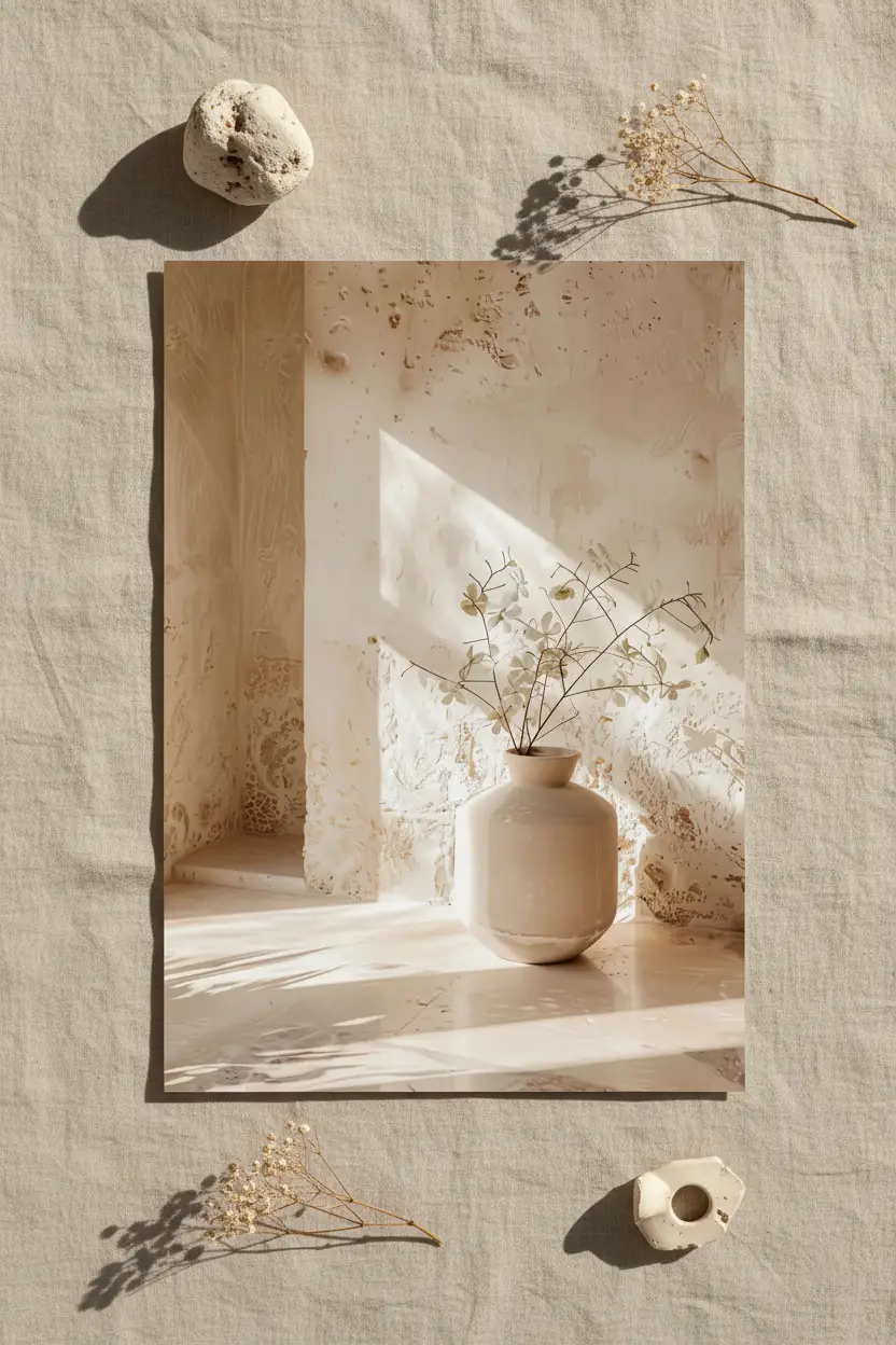 Le Vase dans la Niche — Affiche murale minimaliste ivoire végétal, affiche murale minimaliste avec cadre bois, décoration murale salon ou chambre, style méditerranéen