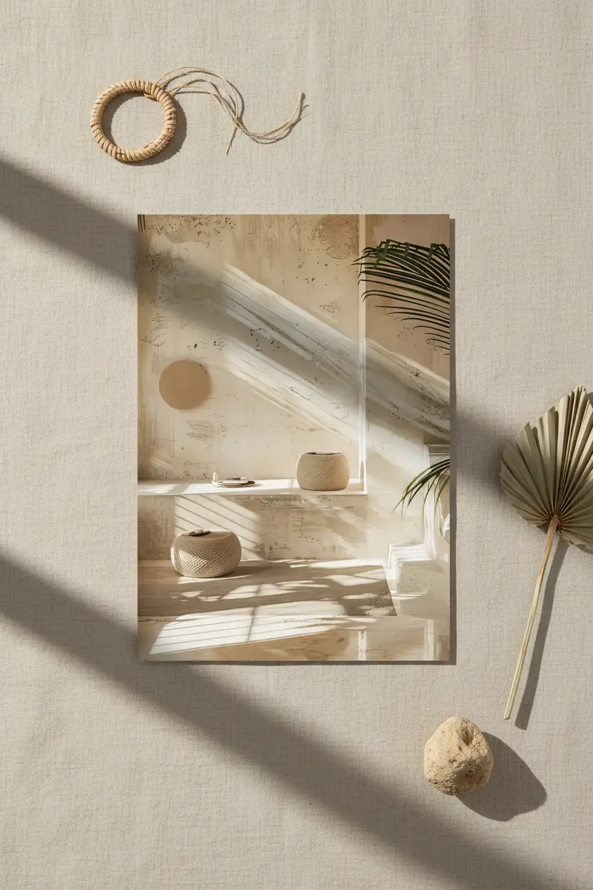 La Lumière des Poufs — Affiche murale minimaliste sable intérieur, affiche murale minimaliste avec cadre bois, décoration murale salon ou chambre, style méditerranéen