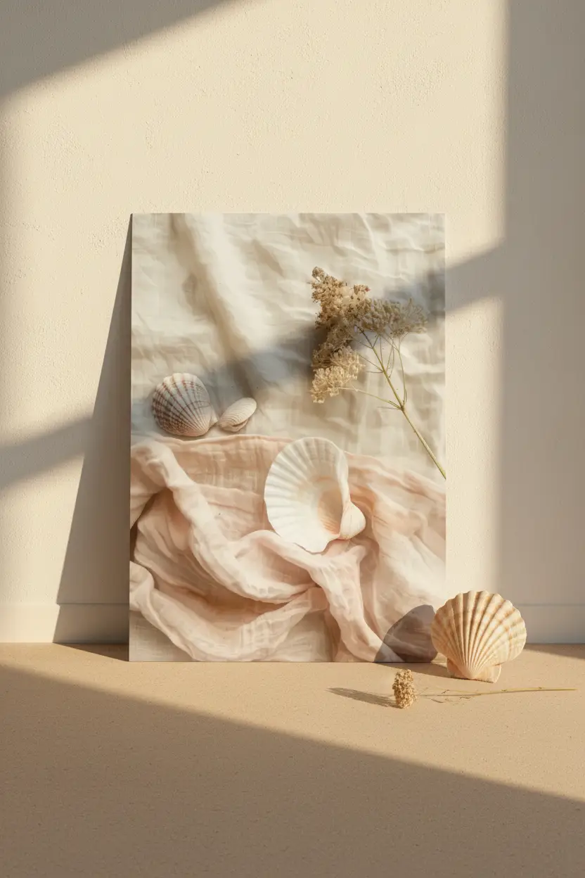 L’Écume — Affiche murale minimaliste coquillages ivoire voile pêche lin blanc fleur séchée nature mer — affiche murale minimaliste | Cassili-home