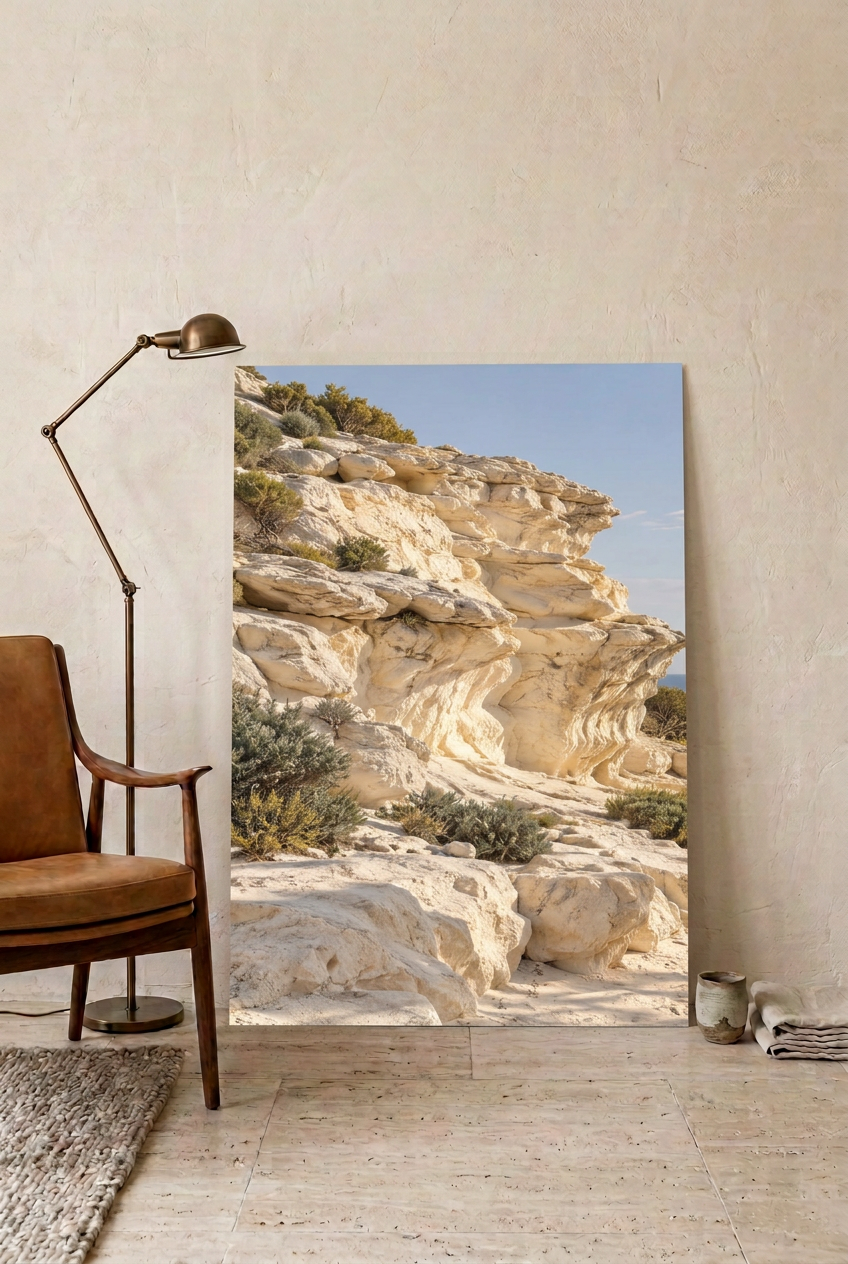The Sculpted Cliff — poster leaning on the floor against a pale wall