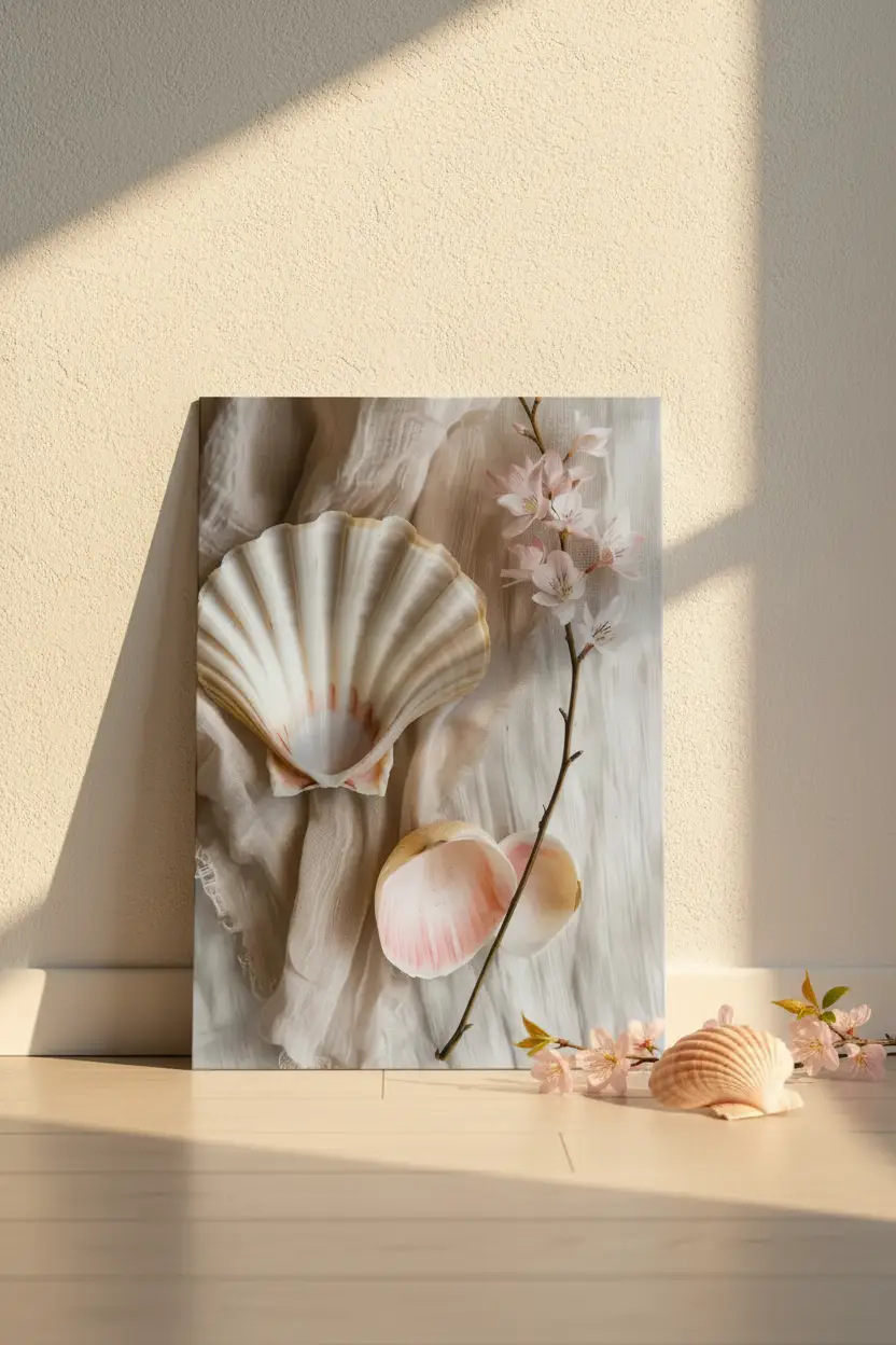 La Perle du Matin — Affiche murale minimaliste coquille Saint-Jacques ivoire fleurs cerisier rose pêche lin blanc — affiche murale minimaliste | Cassili-home