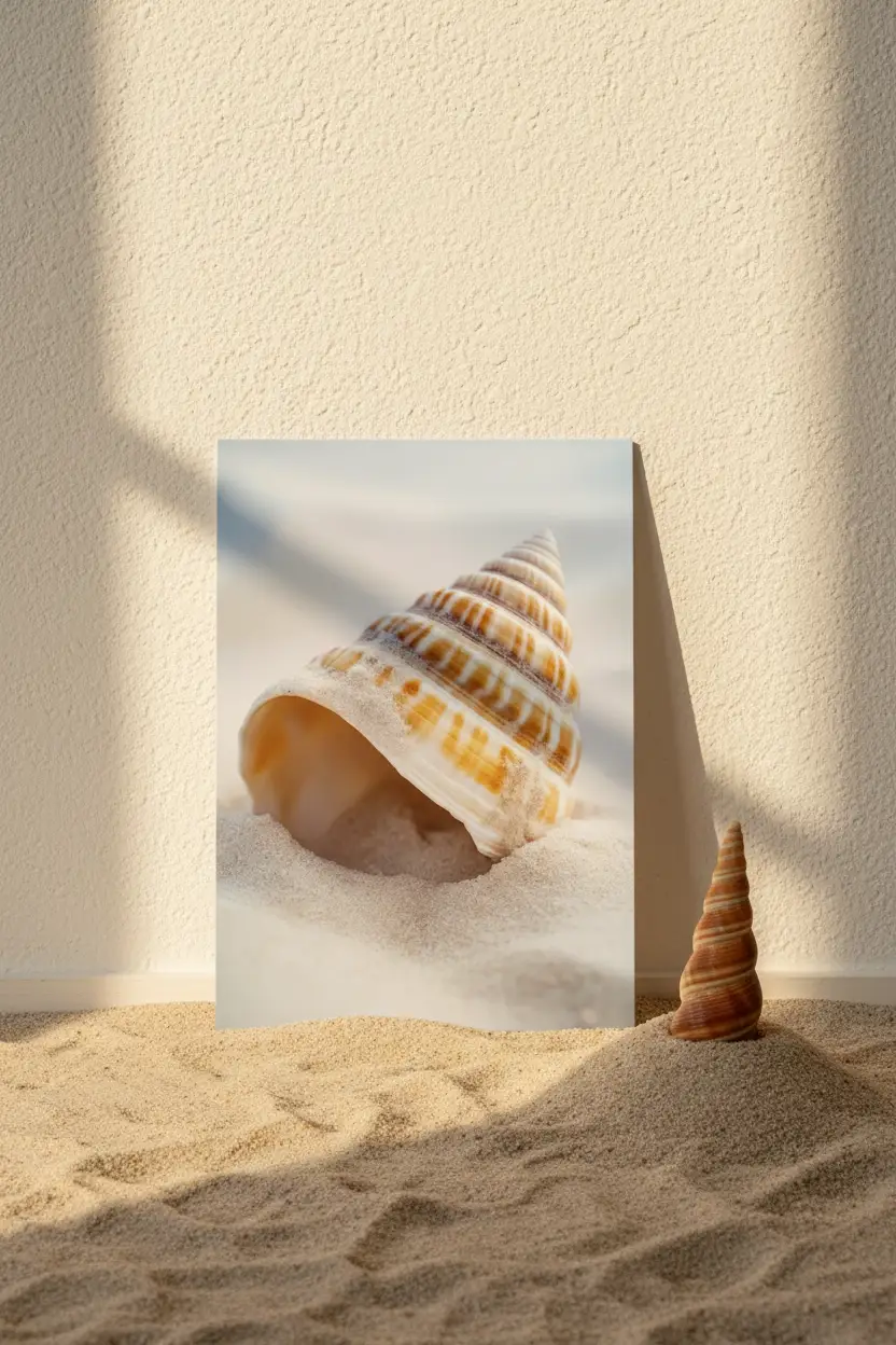 La Spirale du Large — Affiche murale minimaliste coquille conique ivoire ambre sable blanc vague nature mer — affiche murale minimaliste | Cassili-home