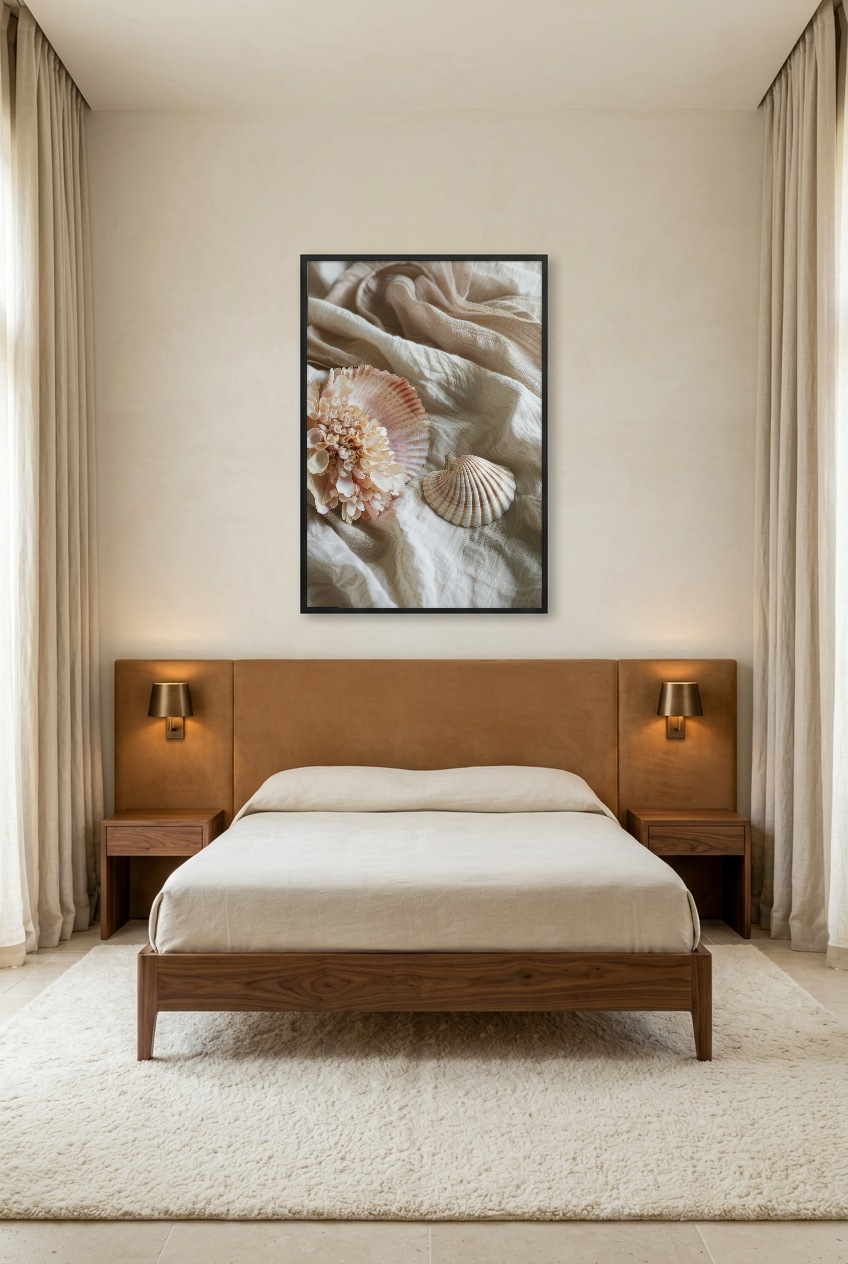 Le Nid de Nacre — poster in zwarte lijst in een slaapkamer