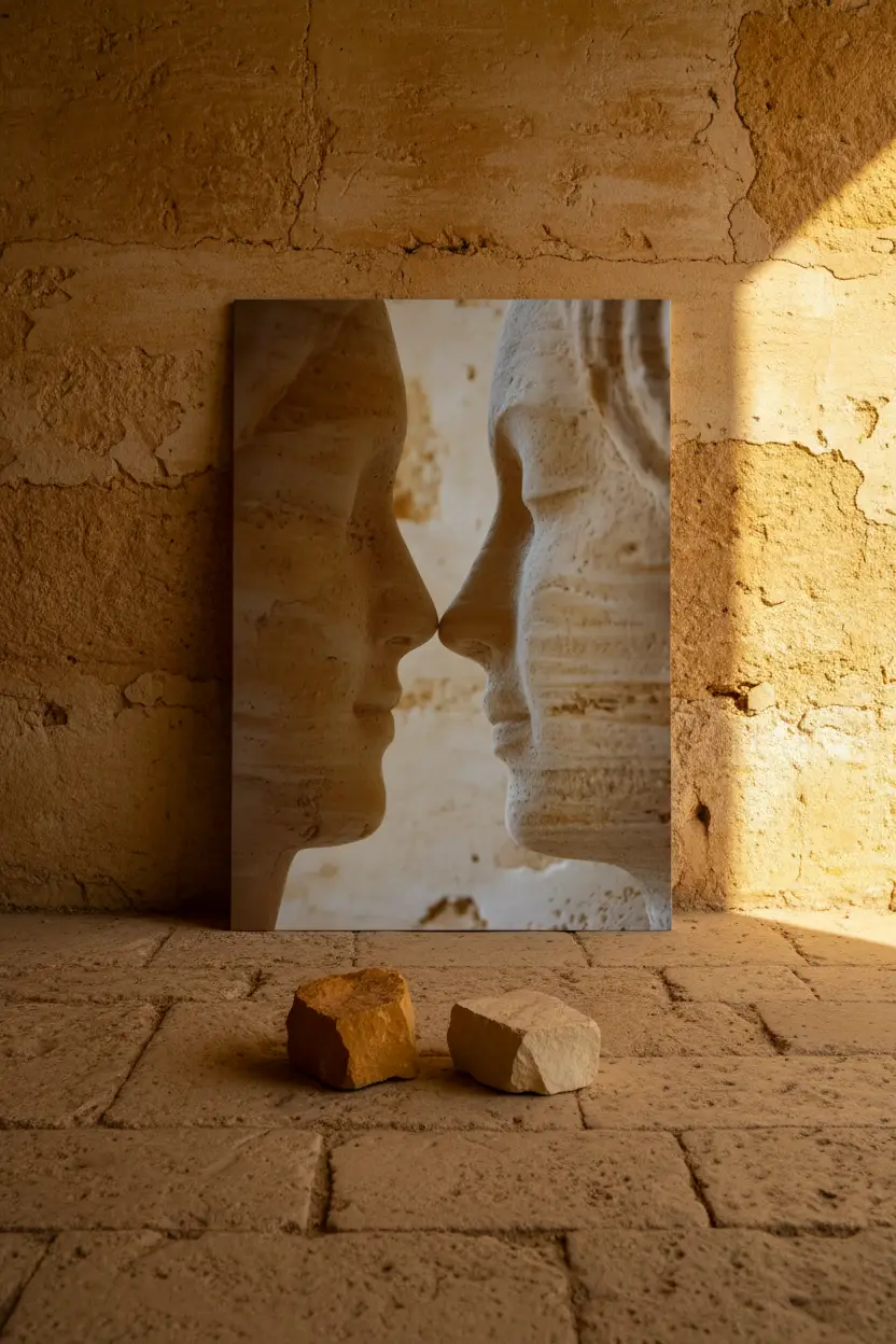 Le Souffle — Affiche murale minimaliste ocre ivoire deux visages face à face pierre — affiche murale minimaliste | Cassili-home