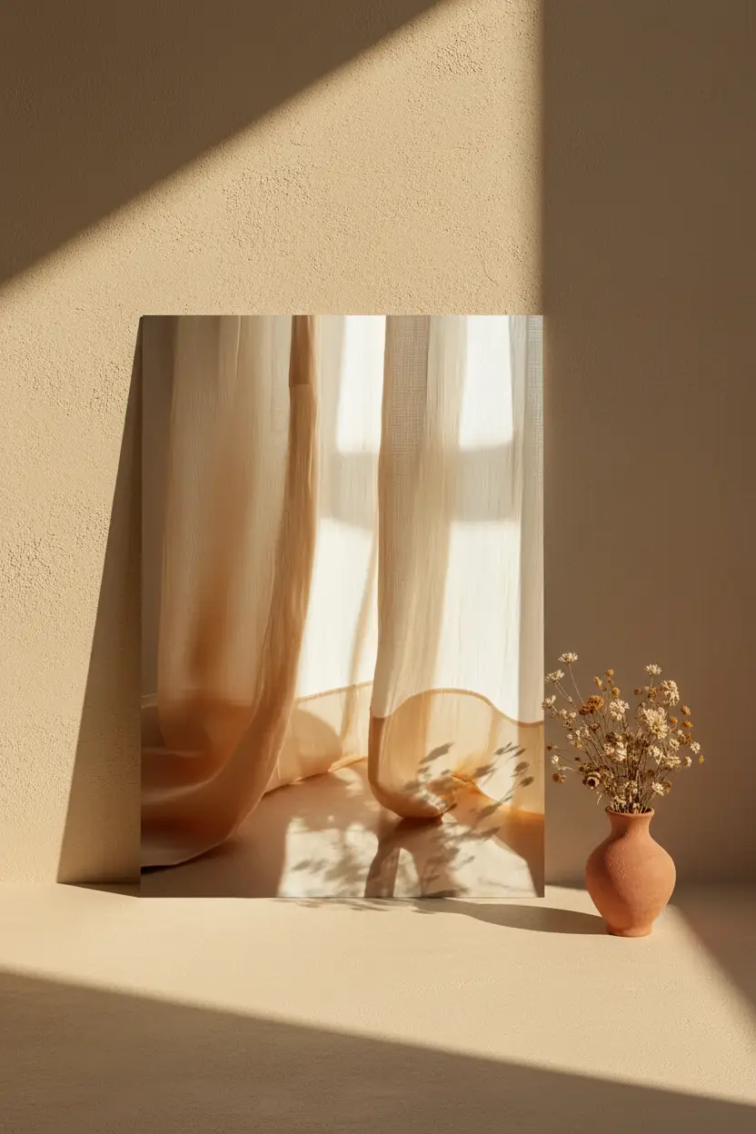 Le Voile d’Or — Affiche murale minimaliste voilage lin ivoire lumière dorée ombre douce — affiche murale minimaliste | Cassili-home