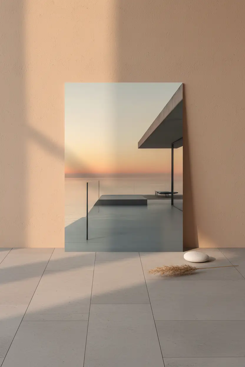 L’Heure Dorée — Affiche murale minimaliste pêche rosé béton mer coucher de soleil architecture — affiche murale minimaliste | Cassili-home