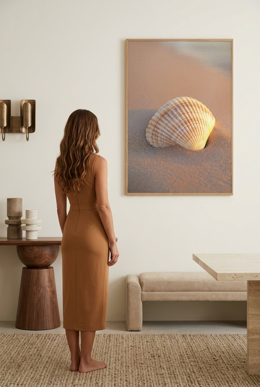 L’Heure Dorée — woman in front of the poster in an oak frame