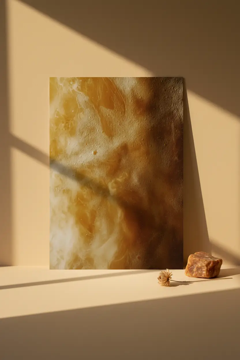 De Gouden Onyx — Minimalistische amber en ivoor mineraal wandposter