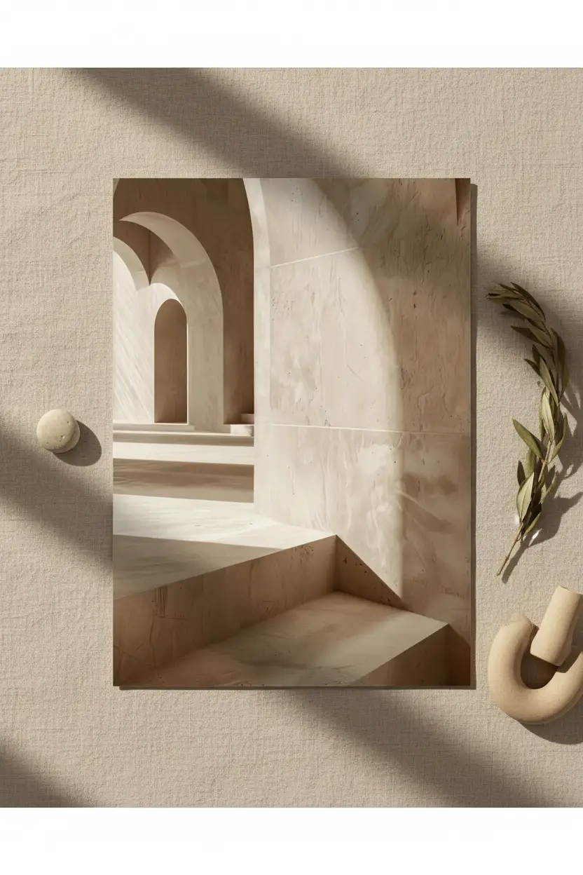 La Galerie des Arches — Affiche murale minimaliste beige architecture, affiche murale minimaliste avec cadre bois, décoration murale salon ou chambre, style méditerranéen