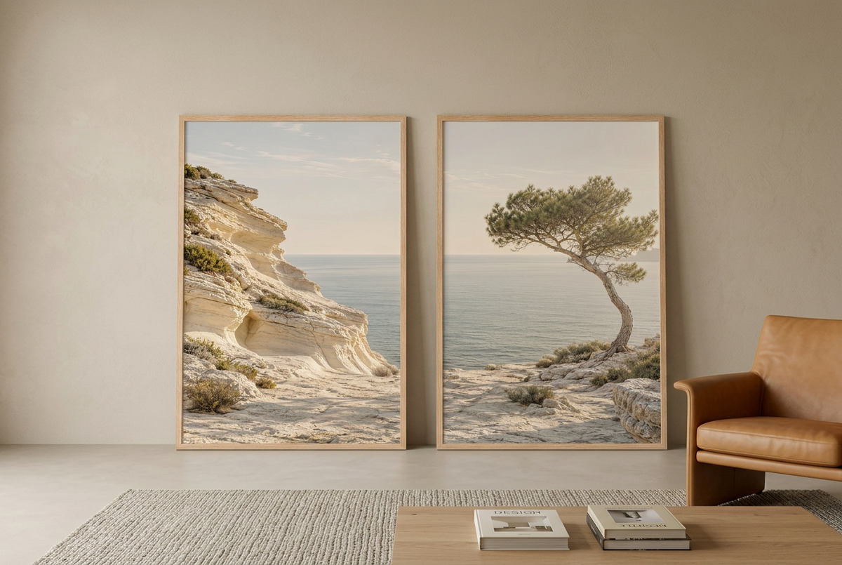 The Limestone Coast — wall diptych in oak frames leaning against the wall