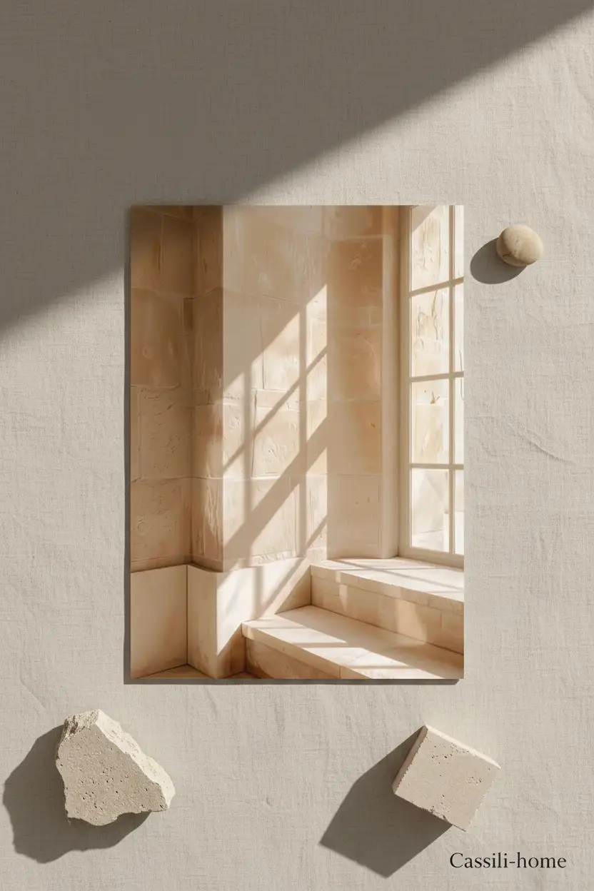 La Fenêtre de Pierre — Affiche murale minimaliste sable architecture, affiche murale minimaliste avec cadre bois, décoration murale salon ou chambre, style méditerranéen