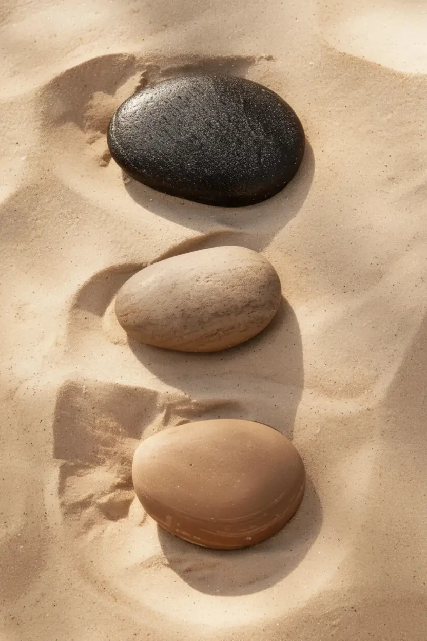 Trois Silences — Affiche murale minimaliste galet noir beige sable — affiche murale minimaliste | Cassili-home