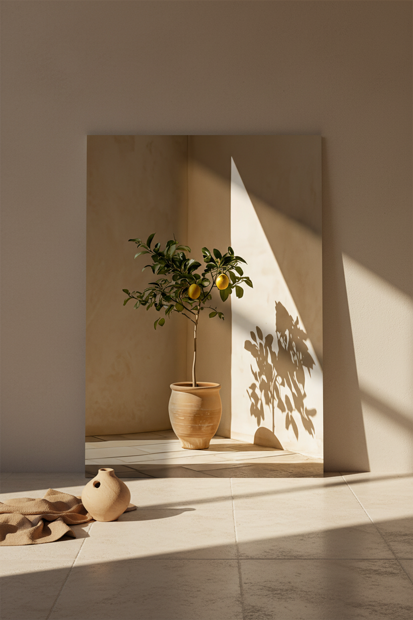 Affiche Le Citronnier de Terre Cuite posée au sol contre un mur de plâtre, galets et lin — citronnier en jarre de terre cuite dans l'angle d'un mur ocre