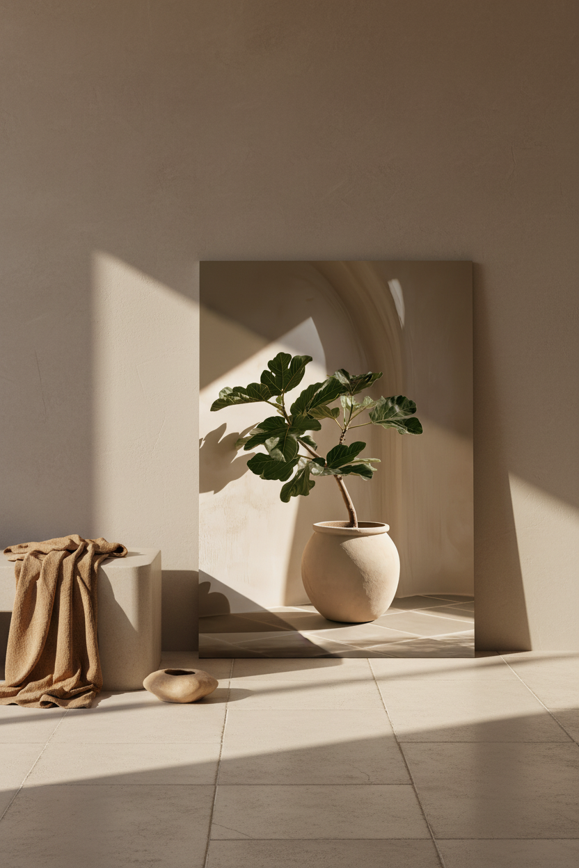 Affiche Le Figuier sous l'Arche posée au sol contre un mur de plâtre, galets et lin — figuier en pot crème sous une arche d'enduit ivoire