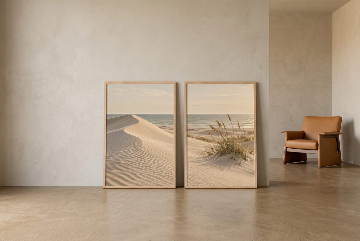 The Marram Beach — wall diptych in oak frames leaning against the wall