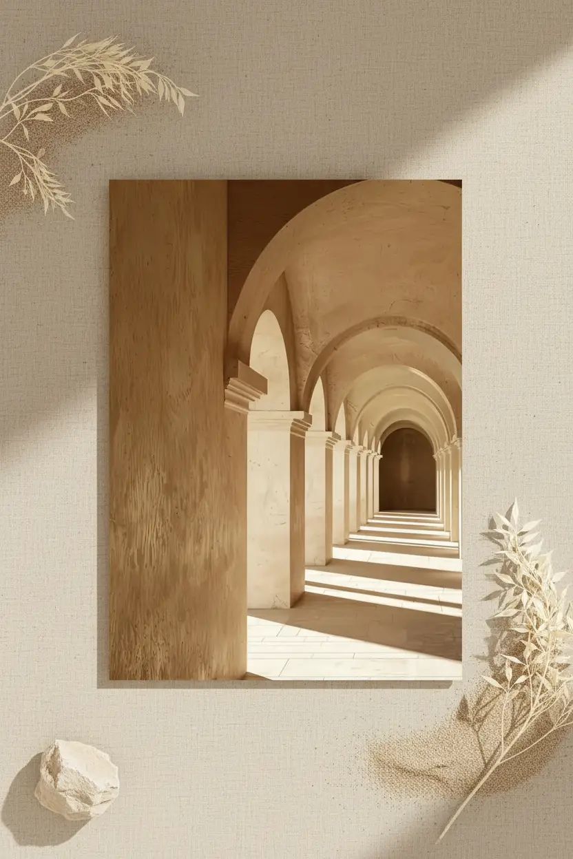 La Galerie des Arches — Affiche murale minimaliste couloir voûté arches romanes colonnes calcaire lumière architecture, affiche murale minimaliste avec cadre bois, décoration murale salon ou chambre, style méditerranéen