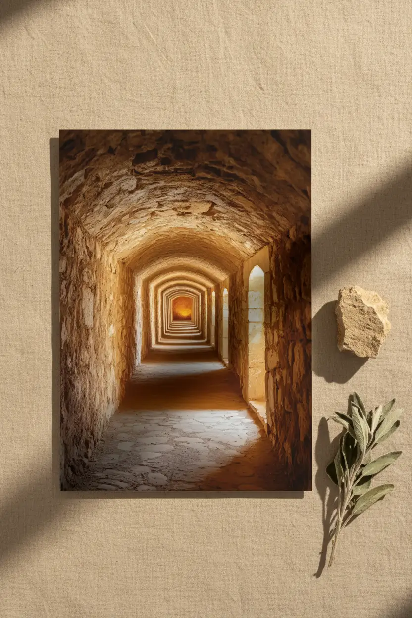 La Crypte — Affiche murale minimaliste sable brun voûtes pierre brute lumière dorée — affiche murale minimaliste | Cassili-home