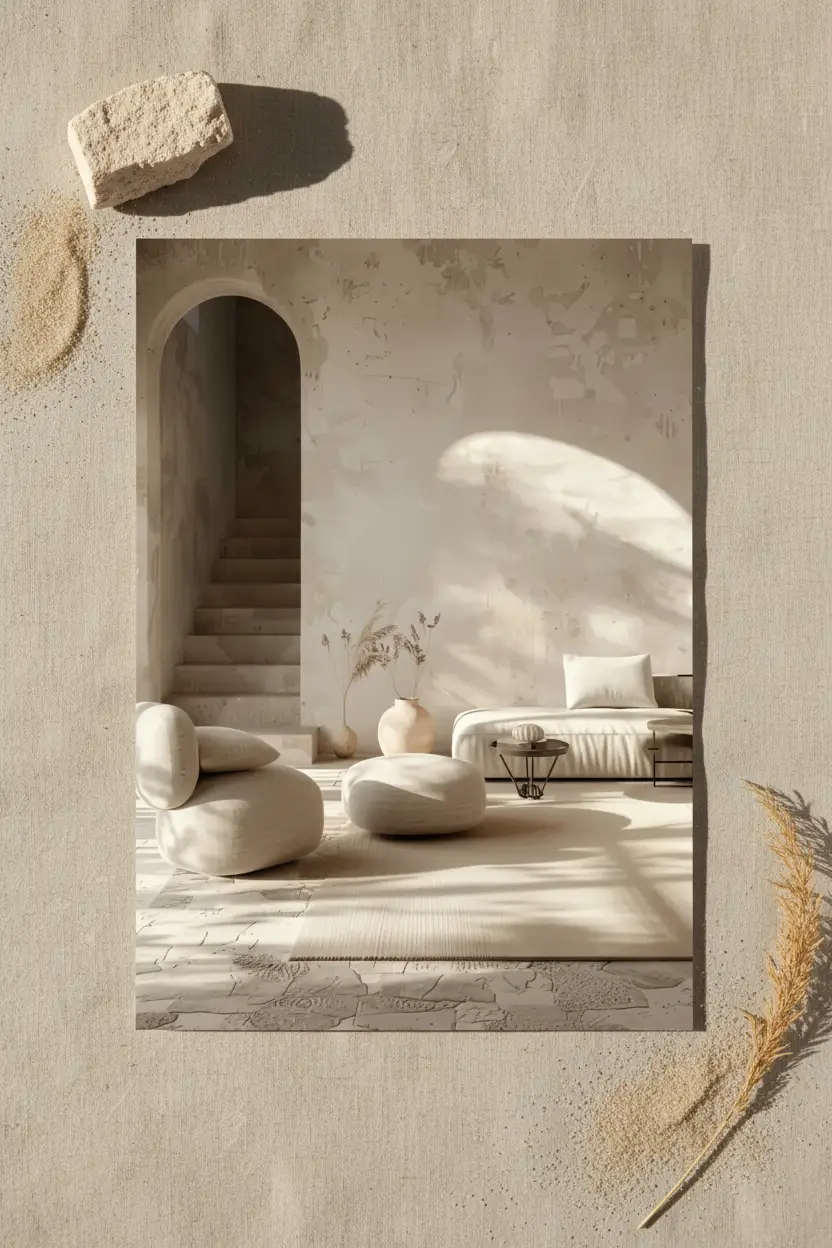 Le Salon de l’Arche — Affiche murale minimaliste salon méditerranéen arche escalier galets sculptés ombres architecture, affiche murale minimaliste avec cadre bois, décoration murale salon ou chambre, style méditerranéen