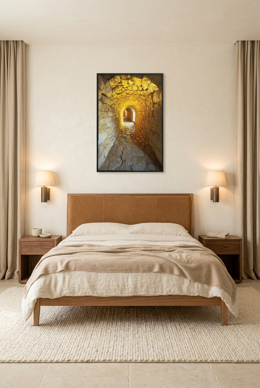 Le Passage Doré — poster in a black frame in a bedroom