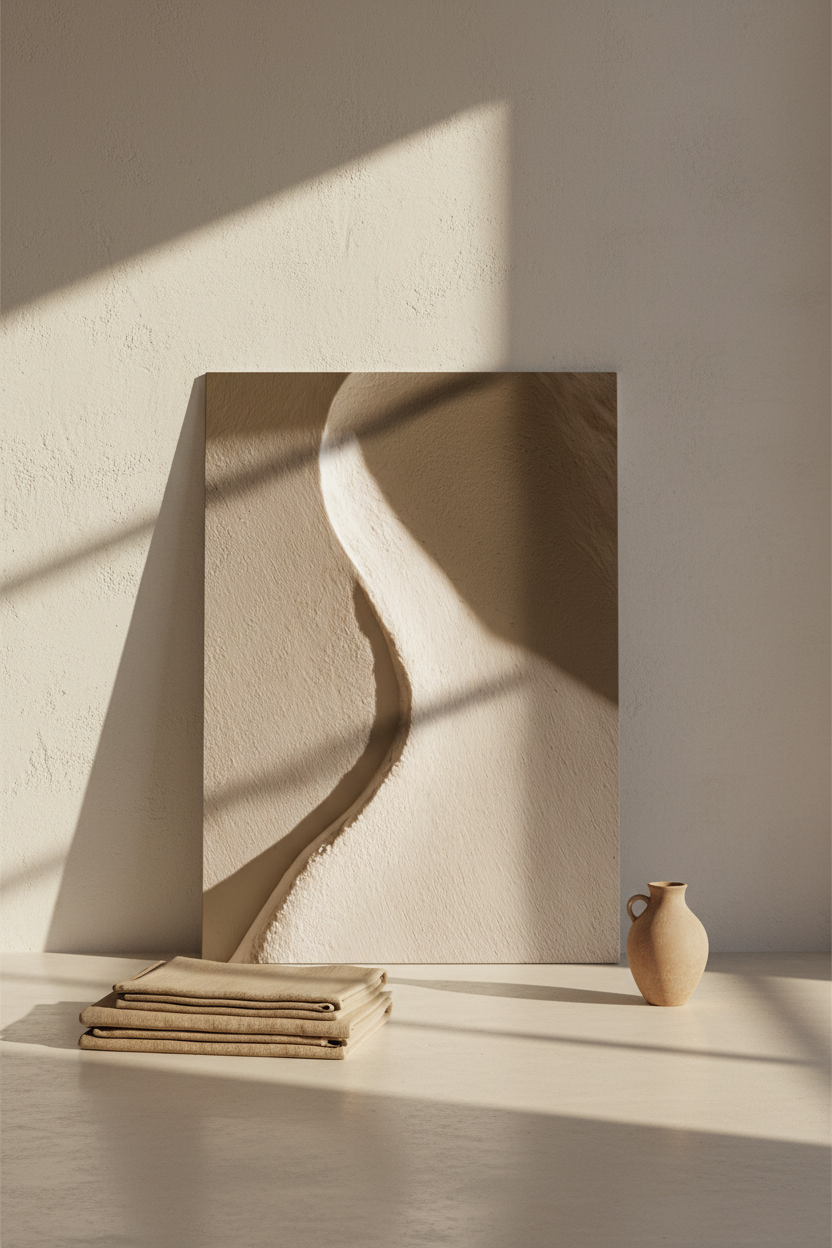 Affiche Le Versant de Sable posée au sol contre un mur de plâtre, galets et lin — crête de sable clair et ombre douce sur fond sombre