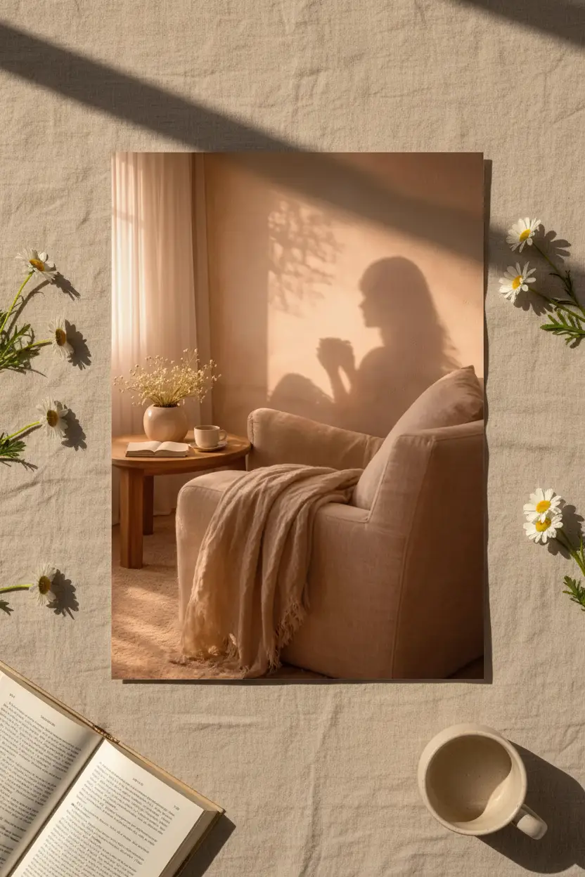 La Pause — Affiche murale minimaliste silhouette féminine lumière dorée, affiche murale minimaliste avec cadre bois, décoration murale salon ou chambre, style méditerranéen