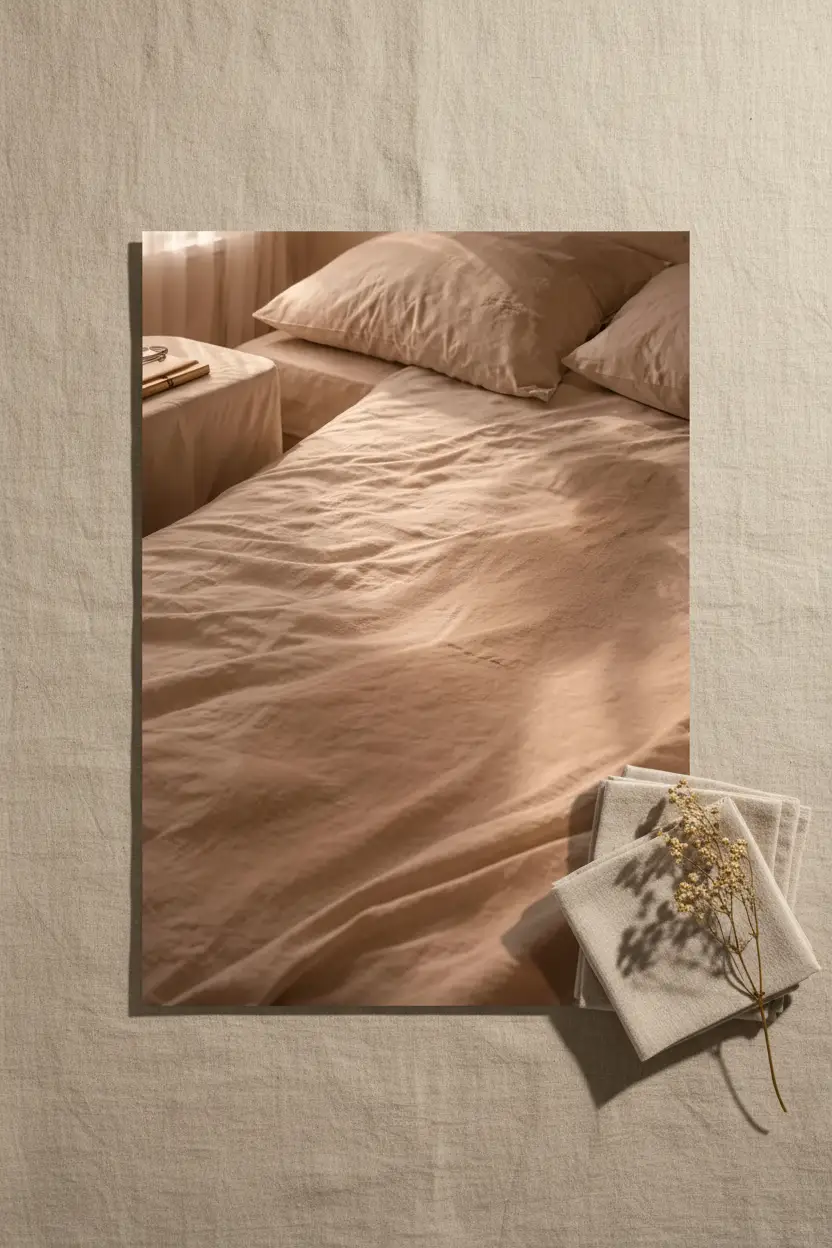 Le Lin du Matin — Affiche murale minimaliste linge beige lumière dorée, affiche murale minimaliste avec cadre bois, décoration murale salon ou chambre, style méditerranéen